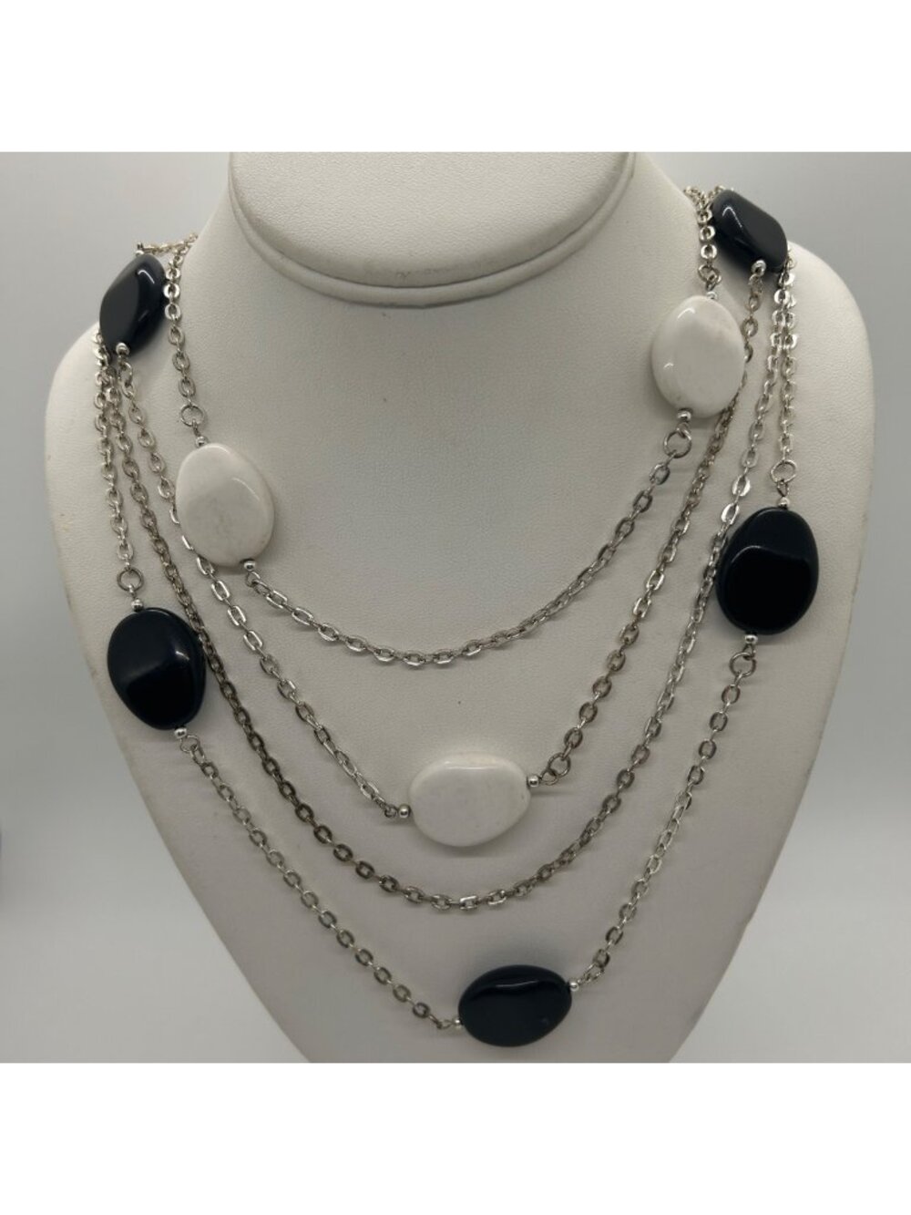 Multi-Strand Layer Link Chain Necklace With Black & White Bead Statement Design